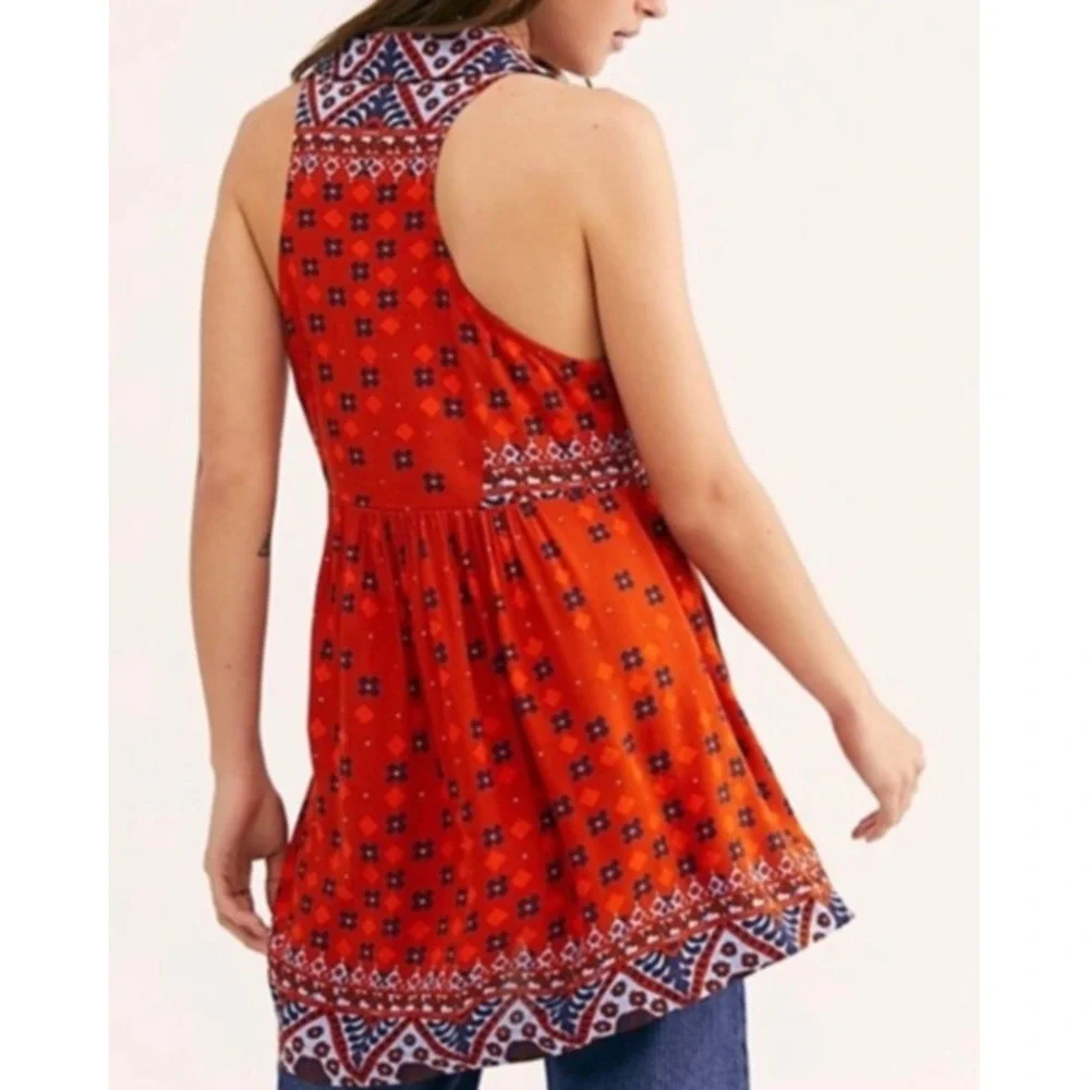 Free People Boho Printed Halter‎ Tunic Top Orange Blue Women's XS Festival Boho